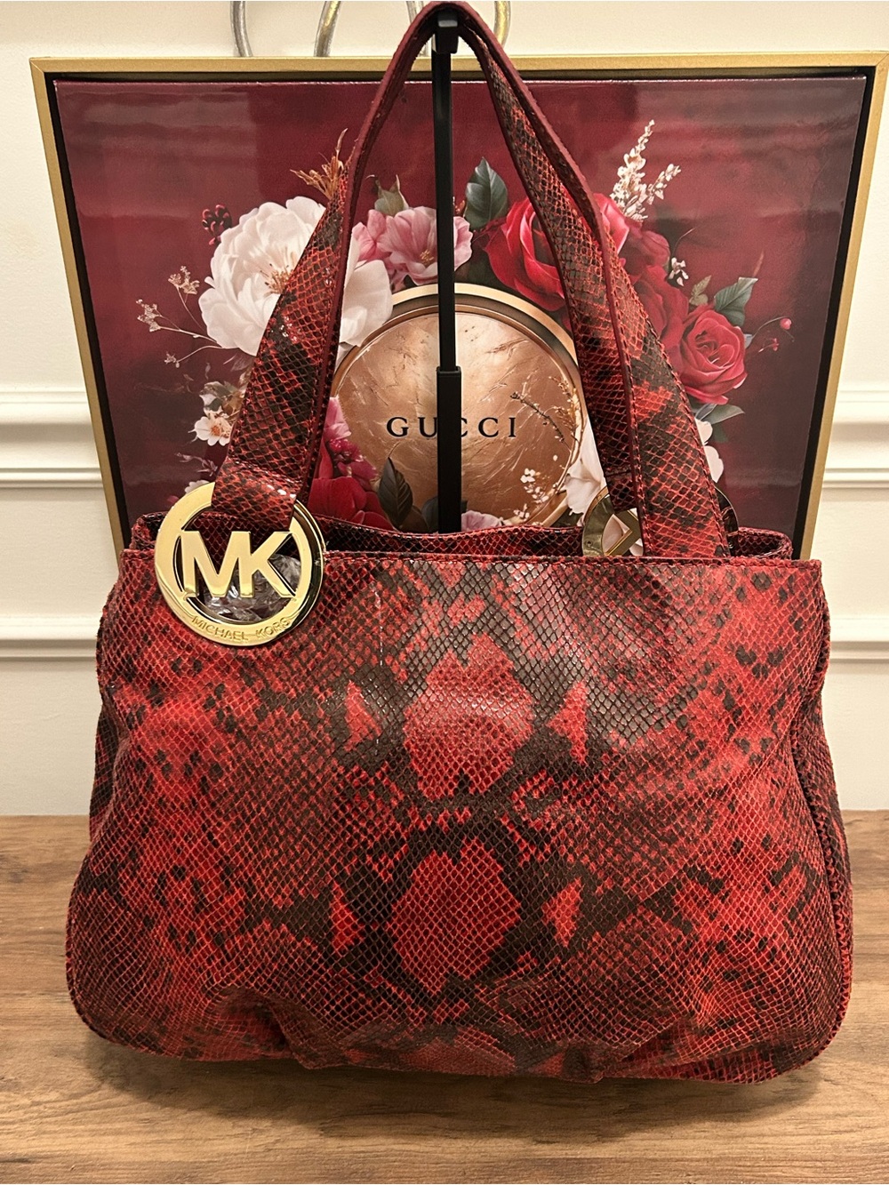 Michael Kors Red and Black Embossed Snake-Print Shoulder Tote with MK Dust Bag - Picture 4 of 15